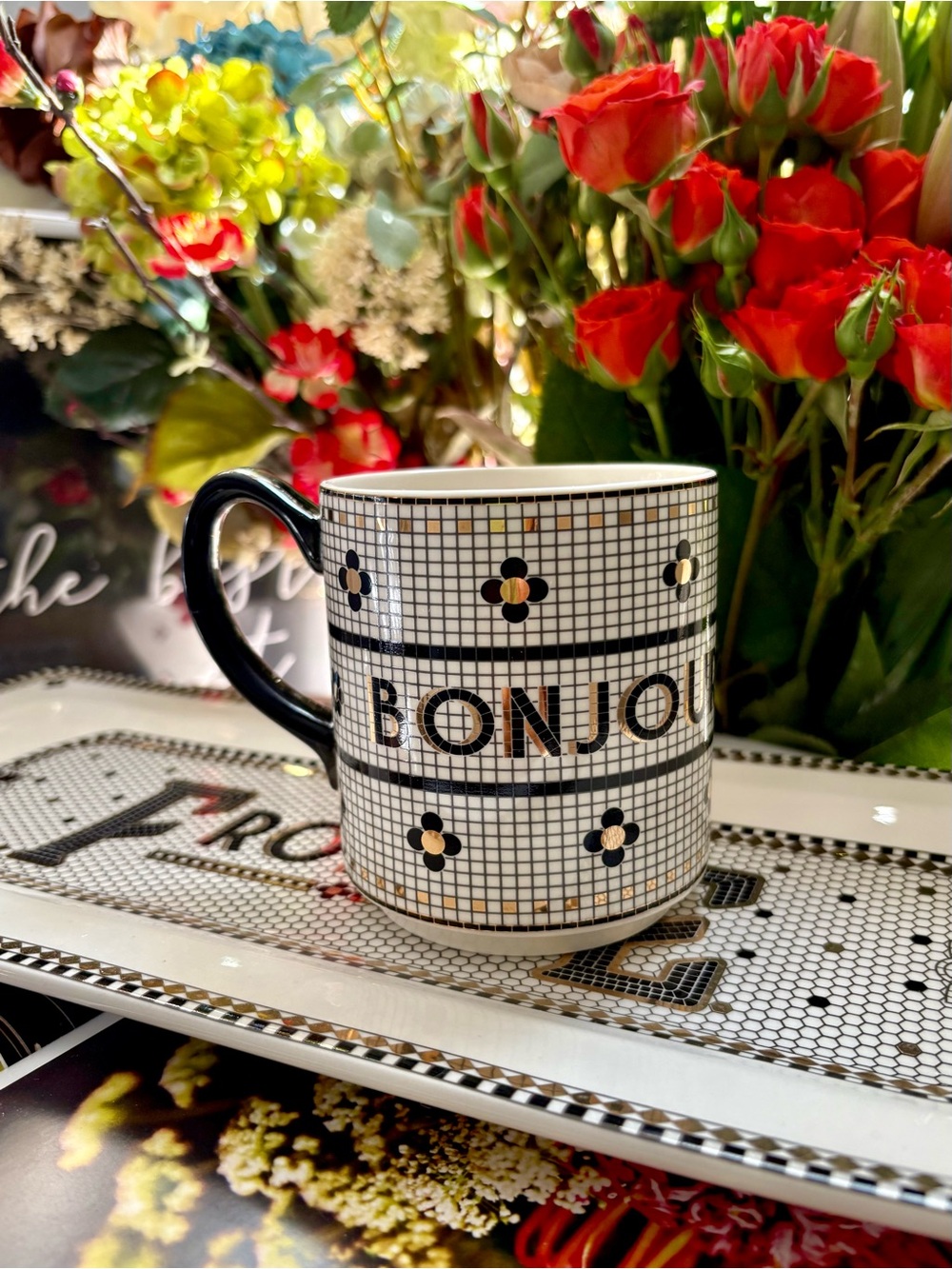 NWT Anthropologie Bistro Tile ‘'BONJOUR' Ceramic Mug 🌹